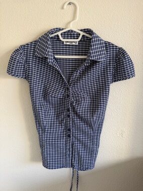 Princess Polly Blue Plaid Ruched Button-Up Top